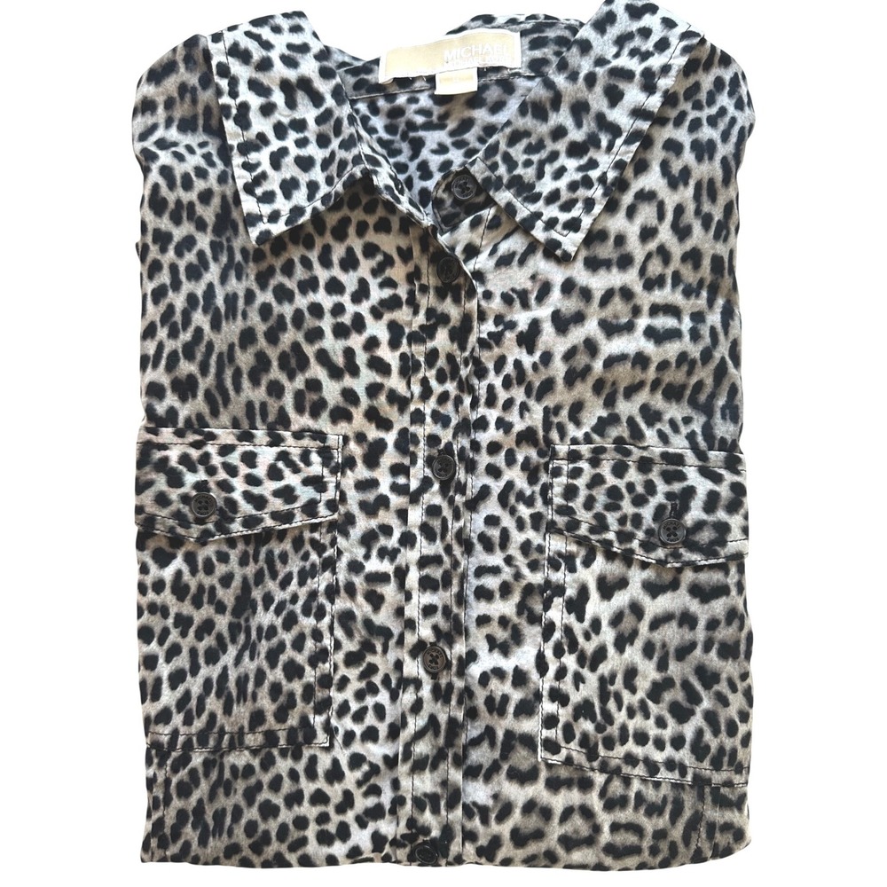 Michael‎ Kors Leopard Print Button Shirt L Tailored Safari Blouse Animal Print - Picture 7 of 7